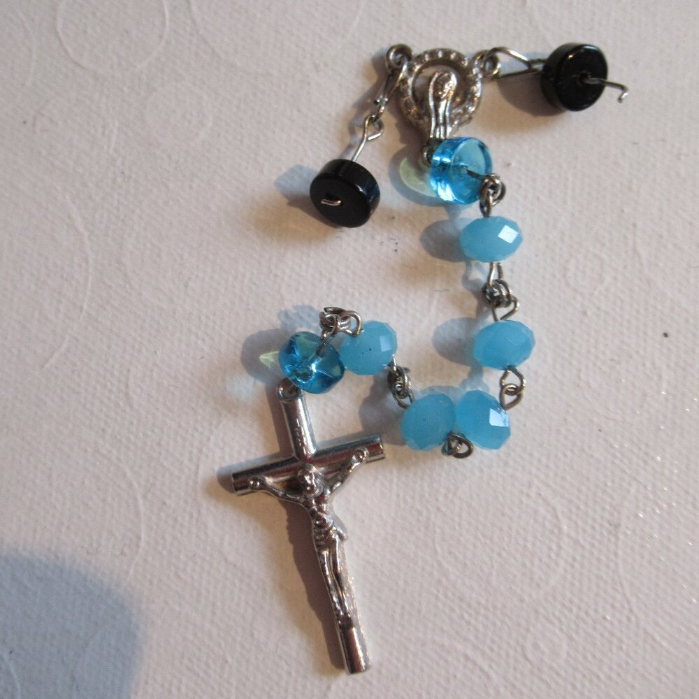 Vintage Rosary, Sapphire Blue & Black Beads, Ave Maria, Crucifix,